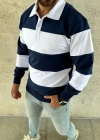 Erkek Polo Yaka Uzun Kollu Çizgili Sweatshirt Trend Rugby Stil - Lacivert
