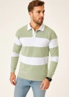 Erkek Polo Yaka Uzun Kollu Çizgili Sweatshirt Trend Rugby Stil - Mint Yeşili
