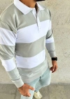 Erkek Polo Yaka Uzun Kollu Çizgili Sweatshirt Trend Rugby Stil - Mint Yeşili