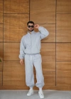 Erkek Premium Parçalı Eşofman Takım - Dik Yaka Fermuarlı Biyeli Sweatshirt Lastik Paça Alt, Oversize 3 iplik Şardonlu - Gri