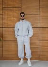 Erkek Premium Parçalı Eşofman Takım - Dik Yaka Fermuarlı Biyeli Sweatshirt Lastik Paça Alt, Oversize 3 iplik Şardonlu - Gri