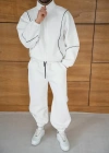 Erkek Premium Parçalı Eşofman Takım - Dik Yaka Fermuarlı Biyeli Sweatshirt Lastik Paça Alt, Oversize 3 iplik Şardonlu - Beyaz