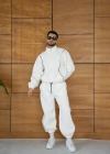 Erkek Premium Parçalı Eşofman Takım - Dik Yaka Fermuarlı Biyeli Sweatshirt Lastik Paça Alt, Oversize 3 iplik Şardonlu - Beyaz