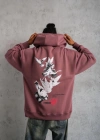 Erkek Şapkalı Güvercin Baskılı Kapşonlu Sweat - Gül Kurusu