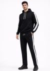 Erkek Şeritli Eşofman Takım Kapüşonlu Sweatshirt Boru Paça Alt, Oversize 3 iplik Pamuklu - Siyah