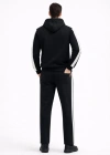 Erkek Şeritli Eşofman Takım Kapüşonlu Sweatshirt Boru Paça Alt, Oversize 3 iplik Pamuklu - Siyah