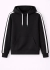 Erkek Şeritli Kapüşonlu Sweatshirt Oversize 3 iplik Pamuklu - Siyah