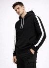 Erkek Şeritli Kapüşonlu Sweatshirt Oversize 3 iplik Pamuklu - Siyah
