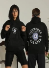 Erkek Sırt Baskılı Oversize Üç İplik Kapüşonlu Hoodie Sweatshirt - Siyah