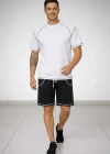 Erkek Spor Tişört Şort Takım Kontrast Dikiş Detaylı Ovarsize rahat kalıp - Beyaz
