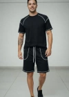 Erkek Spor Tişört Şort Takım Kontrast Dikiş Detaylı Ovarsize rahat kalıp - Siyah