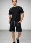 Erkek Spor Tişört Şort Takım Kontrast Dikiş Detaylı Ovarsize rahat kalıp - Siyah