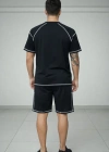 Erkek Spor Tişört Şort Takım Kontrast Dikiş Detaylı Ovarsize rahat kalıp - Siyah