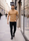Erkek T-Shirt Bisiklet Yaka Slim Fit dar kesim Likralı Tişört Günlük Basic Body - Kahverengi