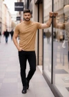 Erkek T-Shirt Bisiklet Yaka Slim Fit dar kesim Likralı Tişört Günlük Basic Body - Kahverengi