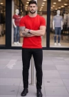 Erkek T-Shirt Bisiklet Yaka Slim Fit dar kesim Likralı Tişört Günlük Basic Body - Kırmızı