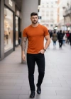 Erkek T-Shirt Bisiklet Yaka Slim Fit dar kesim Likralı Tişört Günlük Basic Body - Koyu Turuncu