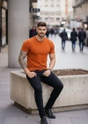 Erkek T-Shirt Bisiklet Yaka Slim Fit dar kesim Likralı Tişört Günlük Basic Body - Koyu Turuncu