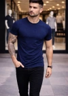Erkek T-Shirt Bisiklet Yaka Slim Fit dar kesim Likralı Tişört Günlük Basic Body - Lacivert