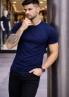 Erkek T-Shirt Bisiklet Yaka Slim Fit dar kesim Likralı Tişört Günlük Basic Body - Lacivert