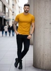 Erkek T-Shirt Bisiklet Yaka Slim Fit dar kesim Likralı Tişört Günlük Basic Body - Limon