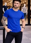 Erkek T-Shirt Bisiklet Yaka Slim Fit dar kesim Likralı Tişört Günlük Basic Body - Saks Mavisi