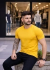 Erkek T-Shirt Bisiklet Yaka Slim Fit dar kesim Likralı Tişört Günlük Basic Body - Sarı