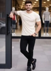 Erkek T-Shirt Bisiklet Yaka Slim Fit dar kesim Likralı Tişört Günlük Basic Body - Taş