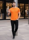 Erkek T-Shirt Bisiklet Yaka Slim Fit dar kesim Likralı Tişört Günlük Basic Body - Turuncu