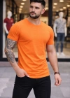 Erkek T-Shirt Bisiklet Yaka Slim Fit dar kesim Likralı Tişört Günlük Basic Body - Turuncu