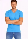 Erkek T-Shirt V Yaka Slim Fit dar kesim Likralı Tişört Günlük Basic Body - Açık Mavi