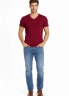 Erkek T-Shirt V Yaka Slim Fit dar kesim Likralı Tişört Günlük Basic Body - Bordo