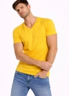 Erkek T-Shirt V Yaka Slim Fit dar kesim Likralı Tişört Günlük Basic Body - Limon