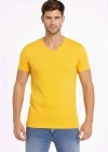 Erkek T-Shirt V Yaka Slim Fit dar kesim Likralı Tişört Günlük Basic Body - Limon