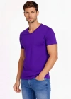 Erkek T-Shirt V Yaka Slim Fit dar kesim Likralı Tişört Günlük Basic Body - Mor