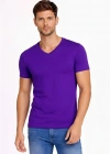 Erkek T-Shirt V Yaka Slim Fit dar kesim Likralı Tişört Günlük Basic Body - Mor