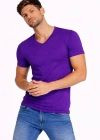 Erkek T-Shirt V Yaka Slim Fit dar kesim Likralı Tişört Günlük Basic Body - Mor