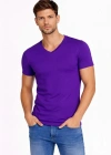Erkek T-Shirt V Yaka Slim Fit dar kesim Likralı Tişört Günlük Basic Body - Mor