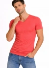 Erkek T-Shirt V Yaka Slim Fit dar kesim Likralı Tişört Günlük Basic Body - Nar Çiçeği