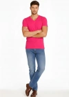 Erkek T-Shirt V Yaka Slim Fit dar kesim Likralı Tişört Günlük Basic Body - Pembe