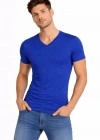 Erkek T-Shirt V Yaka Slim Fit dar kesim Likralı Tişört Günlük Basic Body - Saks Mavisi