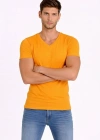 Erkek T-Shirt V Yaka Slim Fit dar kesim Likralı Tişört Günlük Basic Body - Sarı
