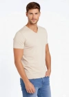 Erkek T-Shirt V Yaka Slim Fit dar kesim Likralı Tişört Günlük Basic Body - Taş