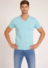 Erkek T-Shirt V Yaka Slim Fit dar kesim Likralı Tişört Günlük Basic Body - Turkuvaz