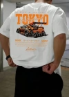 Erkek Turuncu Spor Araba Grafik Tişört - TOKYO Baskılı Günlük Oversize Kısa Kollu Tişört, Yetişkinler için Yazlık Giyim, Turuncu Araba Tasarımı - Beyaz