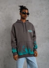 Erkek Üç İplik İçi Pamuklu Alev Baskılı Kapüşonlu Sweatshirt - Gri