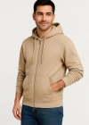 Erkek Üç İplik Kapüşonlu Tam Fermuarlı Kanguru Çepli SweatShirt Hoodie - Bej