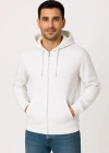 Erkek Üç İplik Kapüşonlu Tam Fermuarlı Kanguru Cepli SweatShirt Hoodie - Beyaz