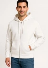 Erkek Üç İplik Kapüşonlu Tam Fermuarlı Kanguru Cepli SweatShirt Hoodie - Beyaz