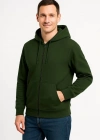 Erkek Üç İplik Kapüşonlu Tam Fermuarlı Kanguru Cepli Sweatshirt Hoodie - Haki